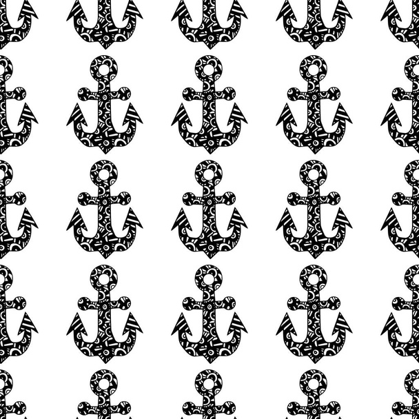 Seamless pattern with anchor in black line style on the white ba - Вектор,изображение
