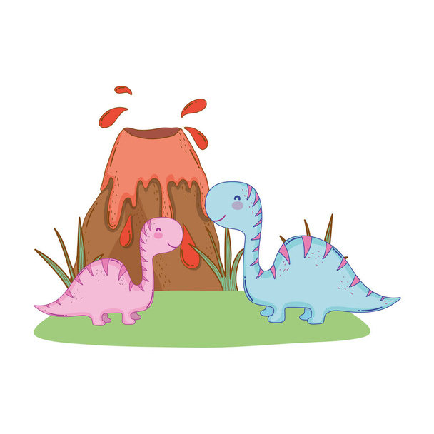 roztomilý Apatosaurus pár se sopkou - Vektor, obrázek