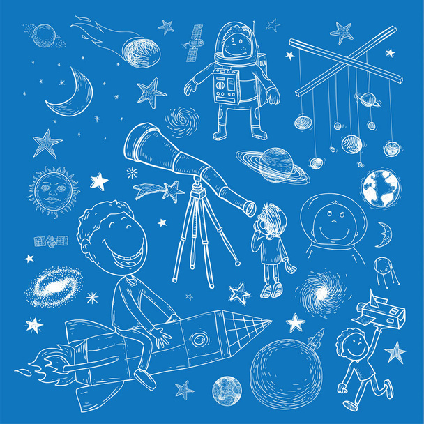Set van planeten pictogram, hand getekende vector illustratie. - Vector, afbeelding