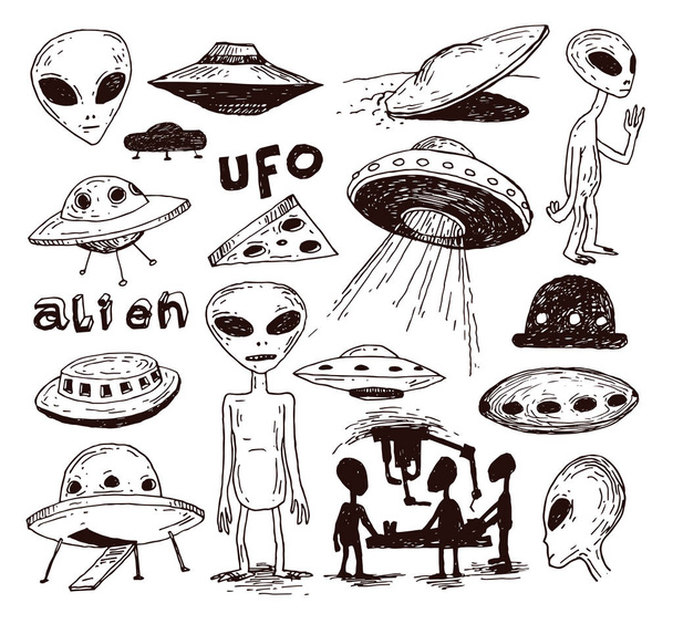 Set of alien and ufo icon, hand drawn vector illustration. - Vettoriali, immagini