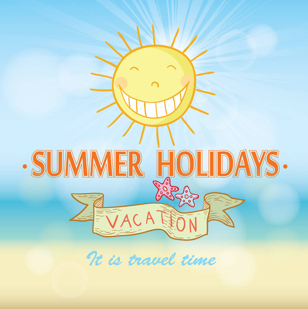 летние каникулы Плакат на фоне тропического пляжа
.  - Вектор,изображение