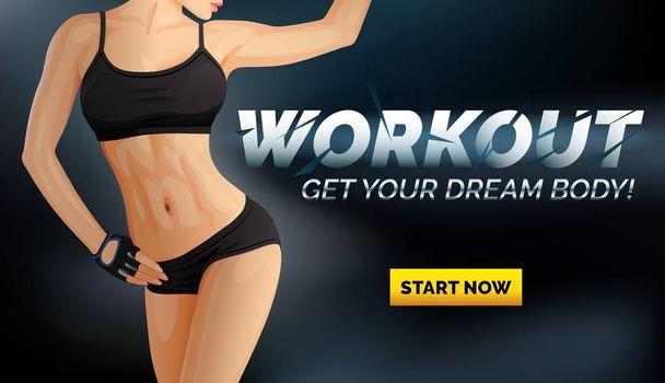 Edzés banner poszter vékony női test fekete fehérnemű, sportruházat felső és rövidnadrág, online tanfolyam reklám, vektor - Vektor, kép