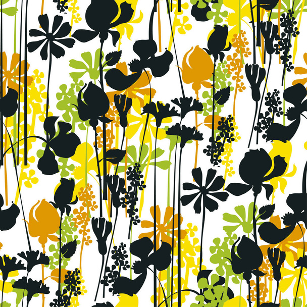 Summer meadow seamless pattern, black silhouettes - Vetor, Imagem