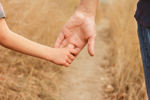 piękne ręce szczęśliwego dziecka i rodzica w parku przyrodnim - Zdjęcie, obraz