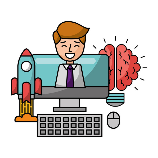 ordinateur de bureau avec homme d'affaires et icônes
 - Vecteur, image