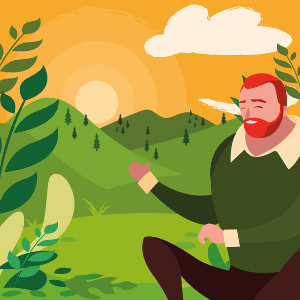 strong and bearded man seated in the field - Vector, Image