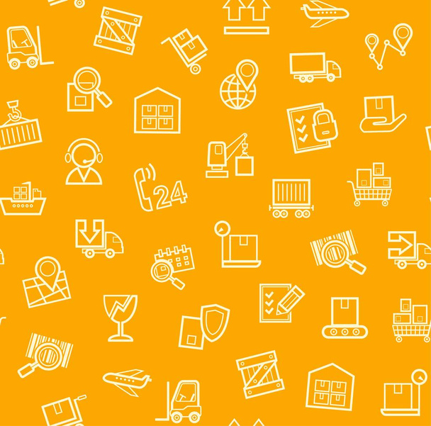 Cargo delivery, seamless pattern, orange, color, contour lines, icons, vector. Cargo transportation and delivery of goods. Yellow line icons on orange background. Vector flat seamless pattern.  - Vektör, Görsel