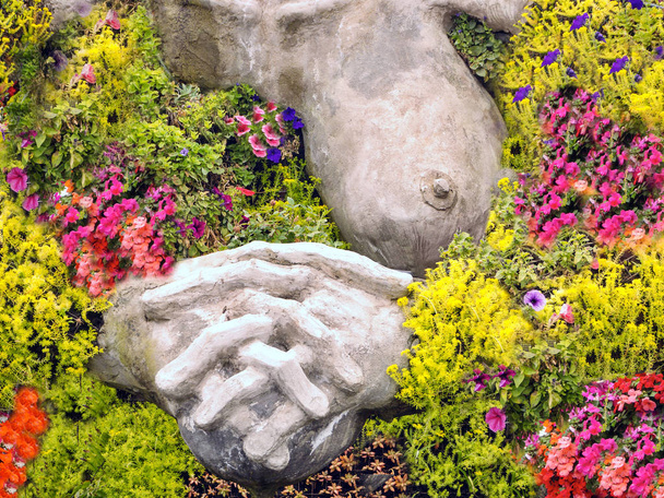   ένα πολύχρωμο παρίστρο, από τα φυτά προεξέχει ένα αριστερό στήθος από πέτρα και τα κουμπωτά χέρια    - Φωτογραφία, εικόνα