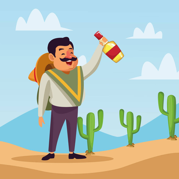 Mexican man with tequila bottle - Vector, Image