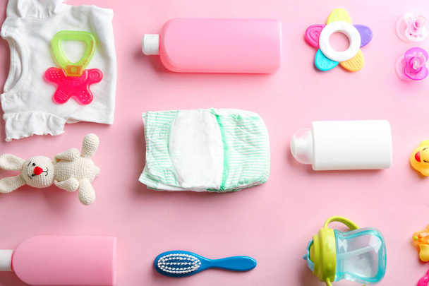 Flat lay composition with baby accessories on color background - Foto, Imagen