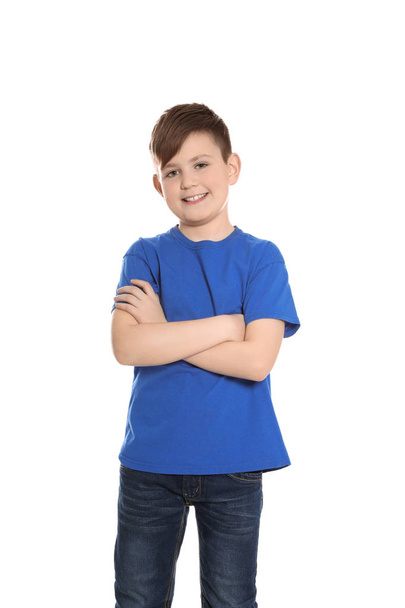 Portrait of little boy on white background - Фото, изображение
