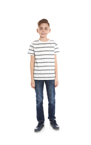Full length portrait of little boy on white background - Photo, image