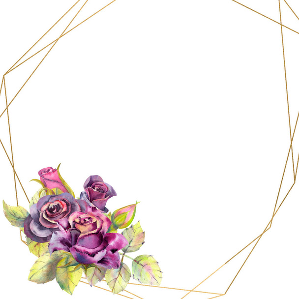 Flores de rosas escuras, folhas verdes, composição em um quadro dourado geométrico. O conceito das flores do casamento. Cartaz de flores, convite. Composições de aquarela para o design de cartões de saudação
 - Foto, Imagem