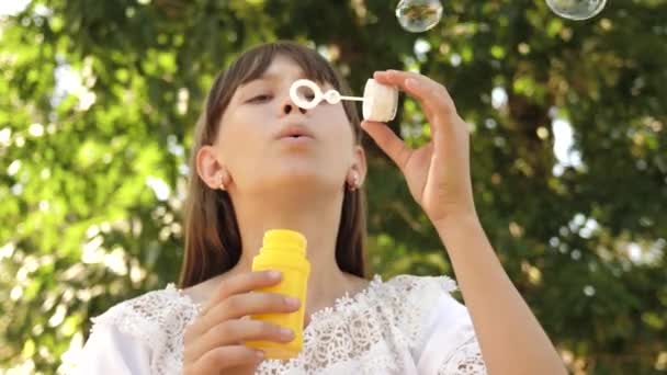 gelukkig meisje mooi zeepbellen blazen in het park in de lente, zomer en glimlachen. Slow-motion. jong meisje reizen door de stad in het park. - Video
