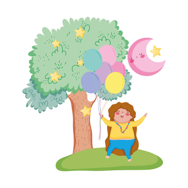 Little chubby girl with balloons air in the landscape - Vector, Image