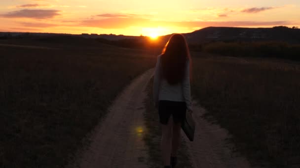 gyönyörű lány utazik a vidéken. szexi üzleti nő sétál egy országúton egy táskát a kezében, a nap pislákol naplementekor. Szexi üzleti lány dolgozik a vidéken. - Felvétel, videó
