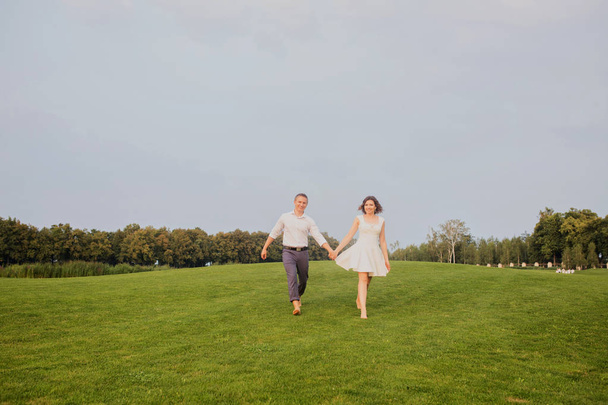 beautiful young groom and bride walking on green park with lush green grass view background - Fotoğraf, Görsel
