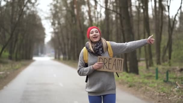 車を待ってる若いヒッチハイクの女性は、ポスターの夢で道路に行きます。指アップ - 映像、動画