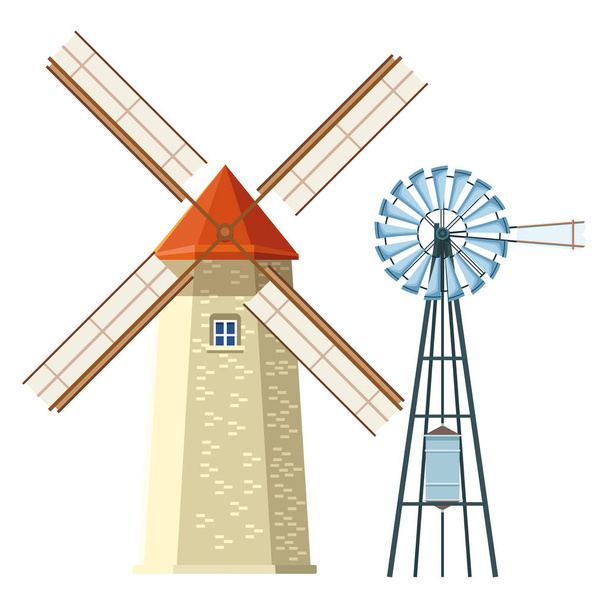 windmill and wind turbine - Vector, imagen