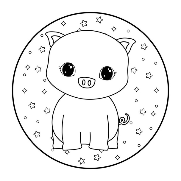 cute piggy animal in frame circular - Vektör, Görsel
