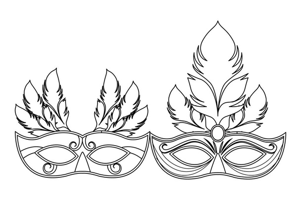 masks and feathers black and white - Vector, Image