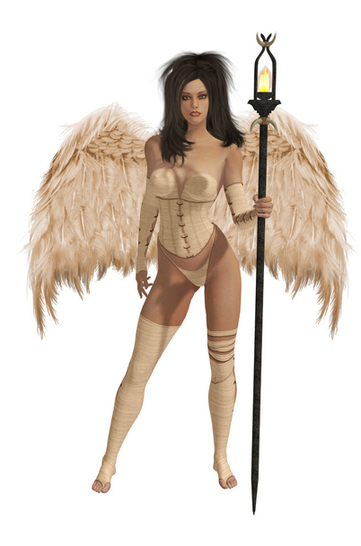 黒い髪とベージュの片翼の天使 - 写真・画像