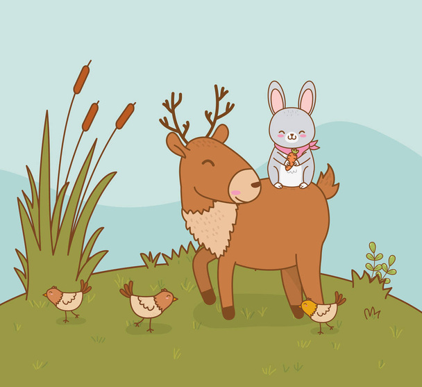 cute reindeer and bunny in the field woodland characters - Vector, Image