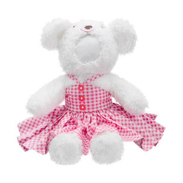 Teddy nosí panenku izolovanou na bílém pozadí. Medvědí panenka v růžové uniformě. Hračka pro slepého obličeje pro návrh. - Fotografie, Obrázek