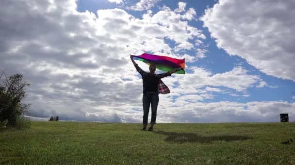A woman with a rainbow flag on a sunny day at the park on the background of the blue sky. - Záběry, video