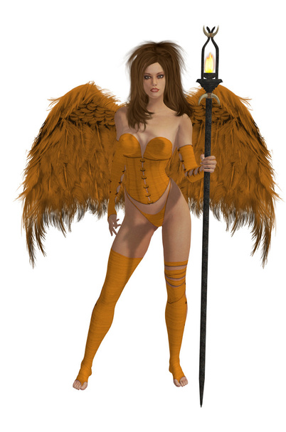 ブルネットの髪のオレンジ色の翼の天使 - 写真・画像
