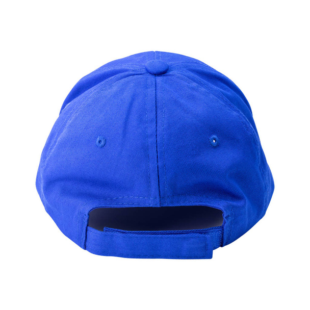 Μπλε καπάκι απομονώθηκε σε λευκό φόντο. Πρότυπο από καπέλο μπέιζμπολ στην πίσω όψη. (Διαδρομή αποκοπής ) - Φωτογραφία, εικόνα