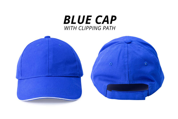 Tapa azul aislada sobre fondo blanco. Plantilla de gorra de béisbol en vista frontal y trasera. (Recorte camino
 ) - Foto, Imagen