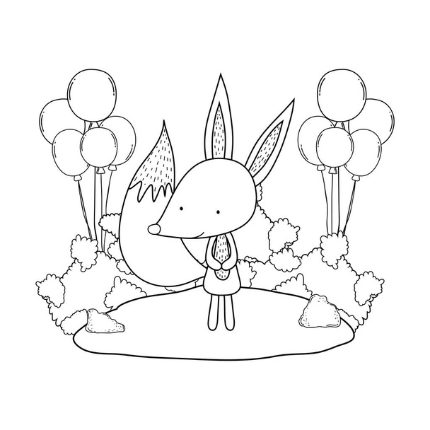 roztomilá a malá liška s balónky helia v krajině - Vektor, obrázek
