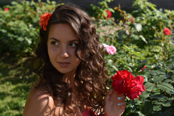 beautiful girl with curls next to red roses in the garden - Photo, Image