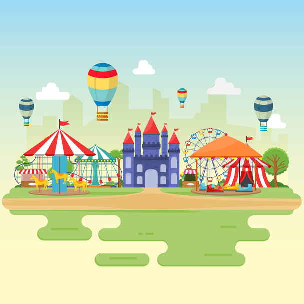 Huvipuisto sirkus karnevaali festivaali hauska oikeudenmukainen maisema kuvitus
 - Vektori, kuva