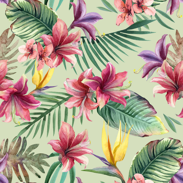 Watercolor seamless pattern of tropical flowers, palm and leaves - Photo, Image