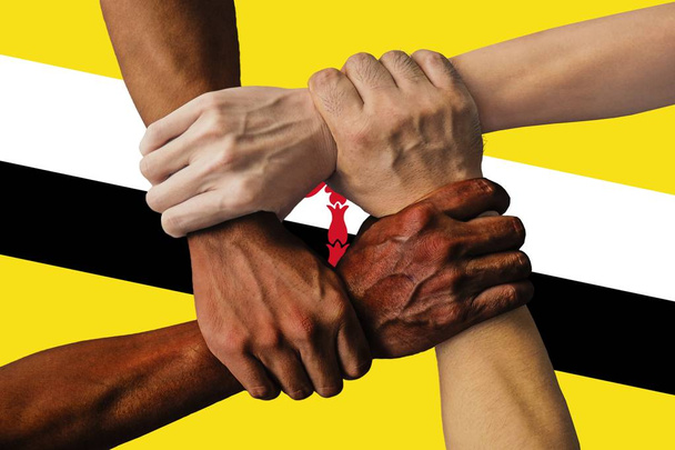 Flagge Bruneis, Integration einer multikulturellen Gruppe junger Menschen - Foto, Bild