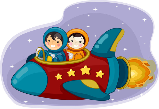 Девочка и мальчик катаются на космическом корабле
 - Фото, изображение
