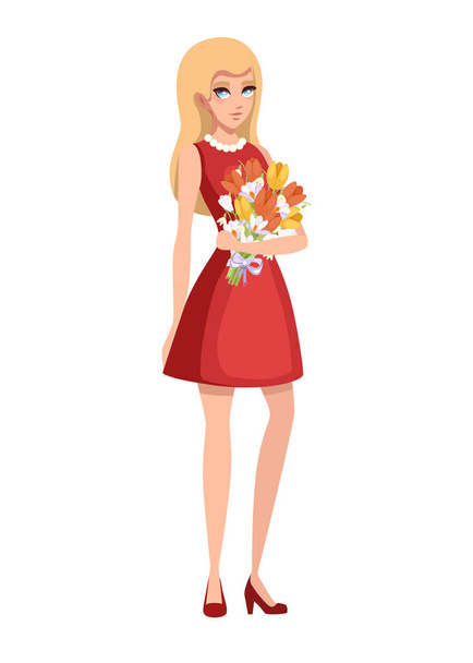 Beautiful woman wear red dress and hold a flower bouquet. Cartoon character design. Flat vector illustration isolated on white background - Vettoriali, immagini