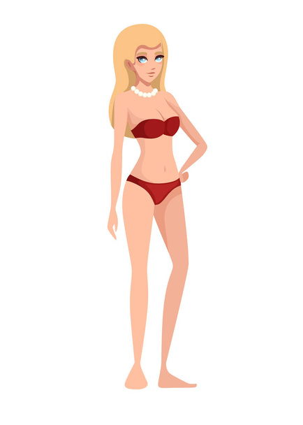 Beautiful women wearing red modern style swimsuit and white beads necklace. Cartoon character design. Flat vector illustration isolated on white background - Διάνυσμα, εικόνα