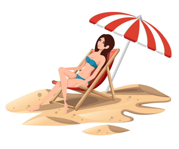 Beautiful women wear blue swimsuit relaxing on red beach chair under beach umbrella on vacation. Wooden lounge chair. Cartoon character design. Flat vector illustration isolated on white background - Vector, Image
