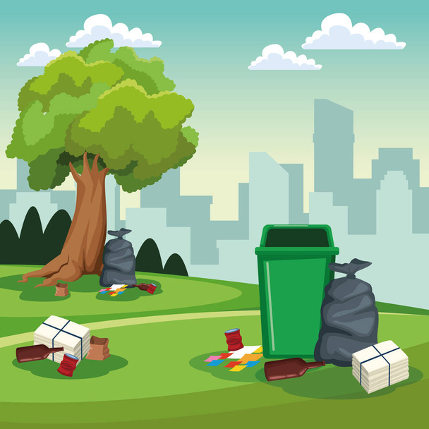 Parque limpieza lata y bolsas paisaje
 - Vector, Imagen