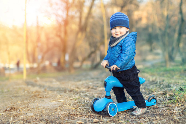 Cute adorable caucasian toddler boy in blue jacket having fun riding three-wheeled balance run bike scooter in city park or forest. Children outdoor sport activities - Fotó, kép