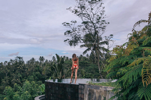 beautiful woman with dark hair in red bikini posing on the edge  - Photo, image