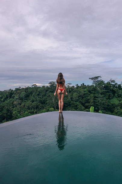 beautiful woman with dark hair in red bikini posing on the edge  - Foto, afbeelding