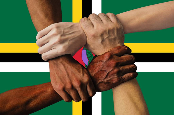 Σημαία της Δομινίκα, διασύνδεση μιας πολυπολιτισμικής ομάδας νέων - Φωτογραφία, εικόνα