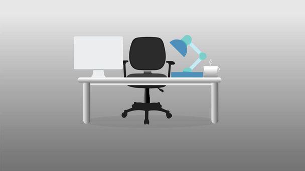 Biznesmen w pracy w biurze siedzieć w biurka w przestrzeni roboczej ze stołem i komputerem z kawą. Duże biuro szefa. Jest meble szare tło na zdjęciu - Wektor, obraz