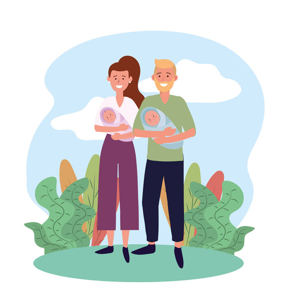 woman and man couple with theirs babies son - Vector, Image