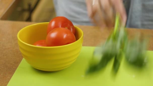 unrecognizable man or woman chef lays out on the table fresh tomatoes in a plate, basil greens, garlic, salt and other ingredients for making appetizing peperoni pizza in slow motion close up front - Séquence, vidéo