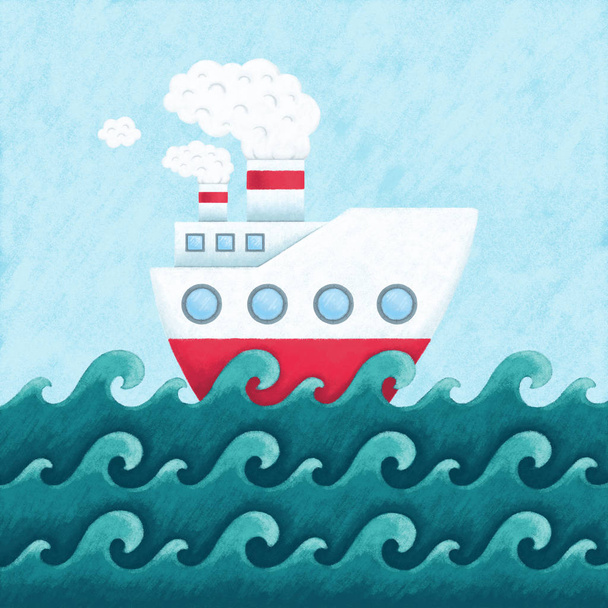 Illustration of the funny ship sailing in the sea for kids - Фото, изображение